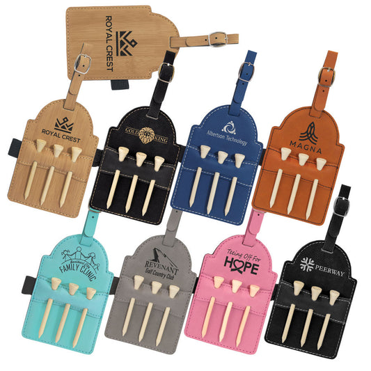 Custom Leatherette Golf Bag Tag with 3 Wooden Tees