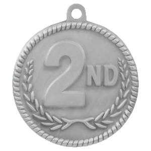 2" High Relief Second Place Antique Silver Medal with Neck Ribbon