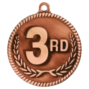 2" High Relief Third Place Antique Bronze Medal with Neck Ribbon